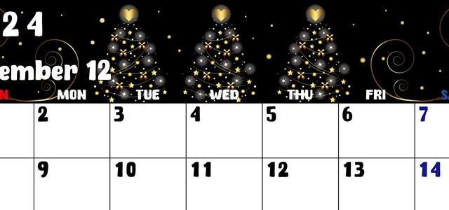 2024年12月横型の日曜始まり ツリーイラストのかわいいA4無料カレンダー