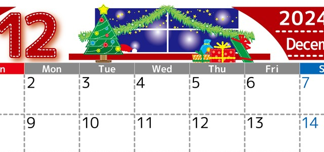 2024年12月横型の日曜始まり クリスマスの夜イラストのかわいいA4無料カレンダー