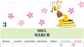 2025年3月縦型の月曜始まり パンケーキイラストのかわいいA4無料カレンダー