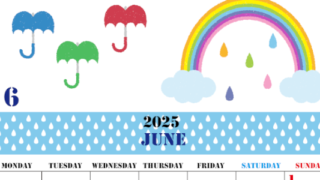2025年6月縦型の月曜始まり 虹イラストのかわいいA4無料カレンダー