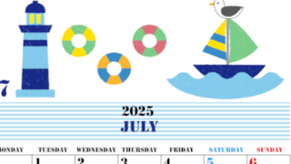 2025年7月縦型の月曜始まり マリンなイラストのかわいいA4無料カレンダー