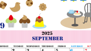 2025年9月縦型の月曜始まり 食欲の秋イラストのかわいいA4無料カレンダー