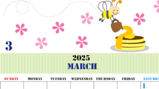2025年3月縦型の日曜始まり パンケーキイラストのかわいいA4無料カレンダー