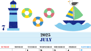 2025年7月縦型の日曜始まり マリンなイラストのかわいいA4無料カレンダー