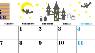 2025年10月横型の月曜始まり ハロウィンイラストがかわいいA4無料カレンダー