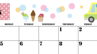 2025年5月横型の日曜始まり アイスクリームのイラストがかわいいA4無料カレンダー