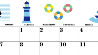 2025年7月横型の日曜始まり マリンなイラストのかわいいA4無料カレンダー