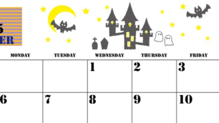 2025年10月横型の日曜始まり ハロウィンイラストがかわいいA4無料カレンダー