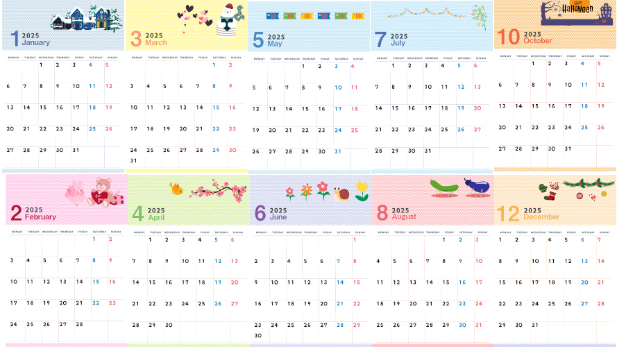 2025年のかわいいカレンダー♪月曜始まりも日曜始まりも選んでダウンロードが無料♪