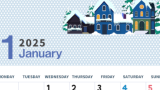 2025年1月縦型の月曜始まり 雪とドットのイラストおしゃれA4無料カレンダー