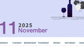 2025年11月縦型の月曜始まり ワインがおしゃれなイラストカレンダー