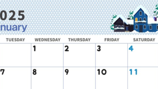 2025年1月横型の月曜始まり 北欧っぽい雪イラストおしゃれA4無料カレンダー