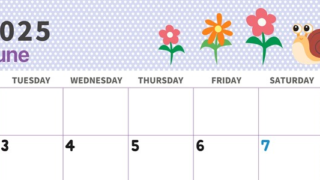 2025年6月横型の月曜始まり かたつむりイラストのおしゃれA4無料カレンダー