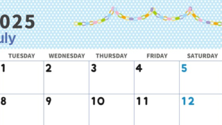 2025年7月横型の月曜始まり 輪飾りイラストのおしゃれA4無料カレンダー
