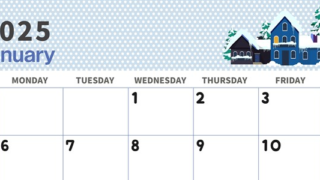 2025年1月横型の日曜始まり 雪景色イラストのおしゃれA4無料カレンダー