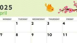 2025年4月横型の日曜始まり ウグイスイラストのおしゃれA4無料カレンダー