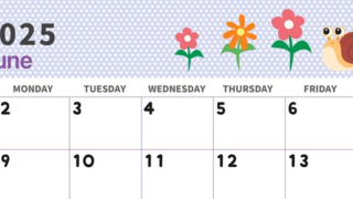 2025年6月横型の日曜始まり かたつむりイラストのおしゃれA4無料カレンダー