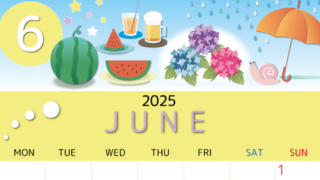 2025年6月縦型の月曜始まり すいかイラストのかわいいA4無料カレンダー
