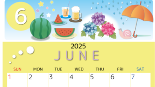 2025年6月縦型の日曜始まり すいかイラストのかわいいA4無料カレンダー