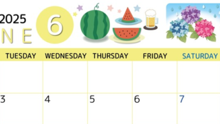 2025年6月横型の月曜始まり すいかイラストのかわいいA4無料カレンダー