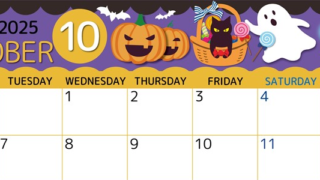 2025年10月横型の月曜始まり 行事イラストのかわいいA4無料カレンダー