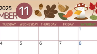 2025年11月横型の月曜始まり きのこイラストのかわいいA4無料カレンダー