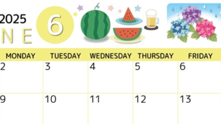 2025年6月横型の日曜始まり すいかイラストのかわいいA4無料カレンダー