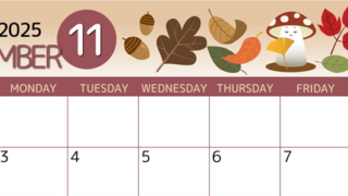 2025年11月横型の日曜始まり きのこイラストのかわいいA4無料カレンダー