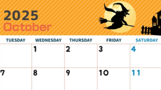 2025年10月横型の月曜始まり お屋敷イラストのかわいいA4無料カレンダー