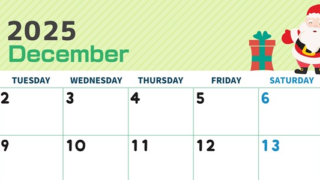 2025年12月横型の月曜始まり 行事イラストのかわいいA4無料カレンダー