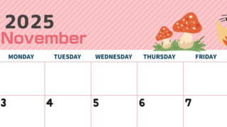 2025年11月横型の日曜始まり 小動物イラストのかわいいA4無料カレンダー