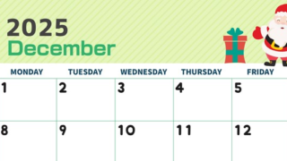 2025年12月横型の日曜始まり 行事イラストのかわいいA4無料カレンダー