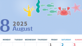 2025年8月縦型の月曜始まり 水族館イラストのかわいいA4無料カレンダー
