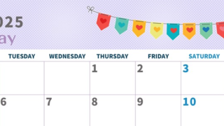 2025年5月横型の月曜始まり 旗のイラストのかわいいA4無料カレンダー