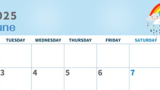 2025年6月横型の月曜始まり 雨雲イラストのかわいいA4無料カレンダー