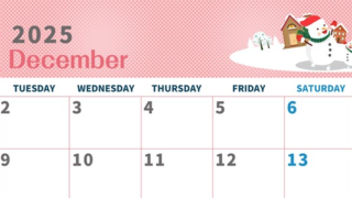 2025年12月横型の月曜始まり 雪景色イラストのかわいいA4無料カレンダー