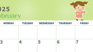 2025年2月横型の日曜始まり 子供たちがかわいいイラストA4無料カレンダー