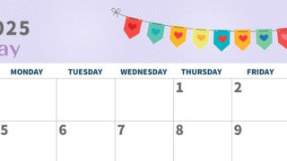 2025年5月横型の日曜始まり 旗のイラストのかわいいA4無料カレンダー