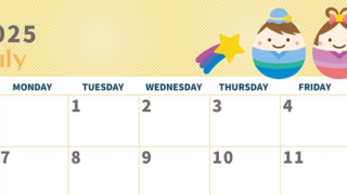 2025年7月横型の日曜始まり 季節の行事のかわいいイラストA4無料カレンダー