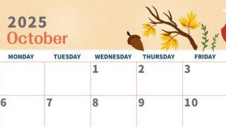 2025年10月横型の日曜始まり 秋のイラストがかわいいA4無料カレンダー
