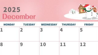 2025年12月横型の日曜始まり 雪景色イラストのかわいいA4無料カレンダー