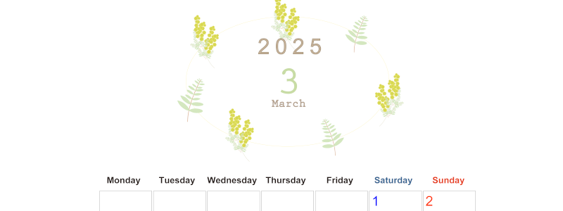 2025年3月縦型の月曜始まり フラワーイラストのかわいいA4無料カレンダー