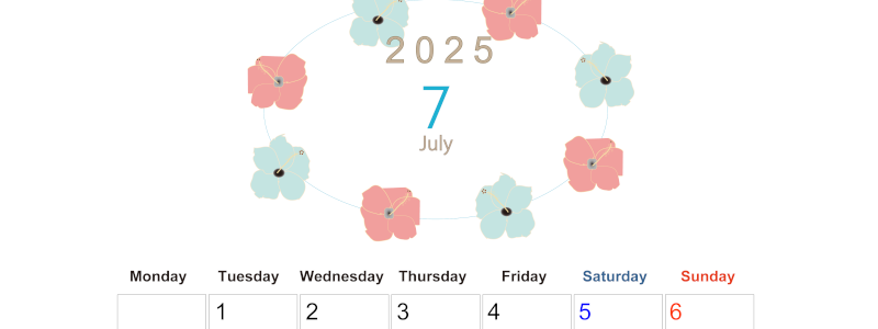 2025年7月縦型の月曜始まり 花のイラストがかわいいA4無料カレンダー