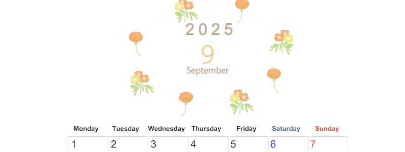 2025年9月縦型の月曜始まり 花イラストのかわいいA4無料カレンダー