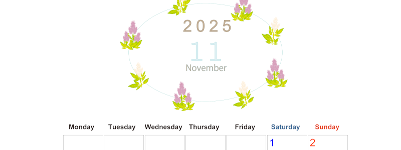 2025年11月縦型の月曜始まり 花イラストのかわいいA4無料カレンダー