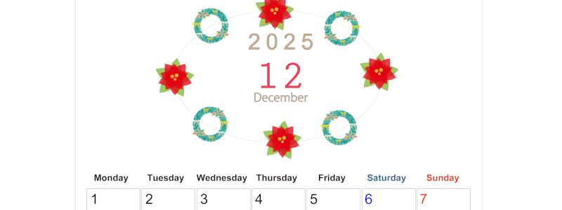 2025年12月縦型の月曜始まり ポインセチアがかわいいイラストA4無料カレンダー