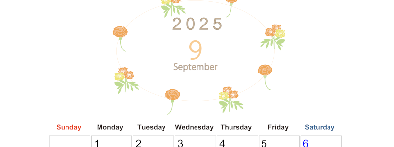 2025年9月縦型の日曜始まり 花イラストのかわいいA4無料カレンダー