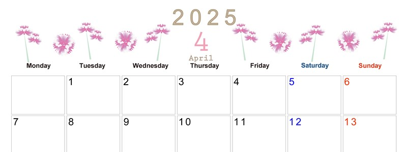 2025年4月横型の月曜始まり 牡丹桜イラストのかわいいA4無料カレンダー