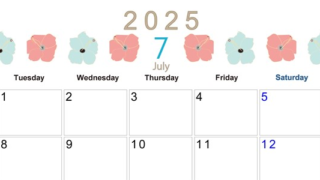2025年7月横型の月曜始まり 花のイラストがかわいいA4無料カレンダー