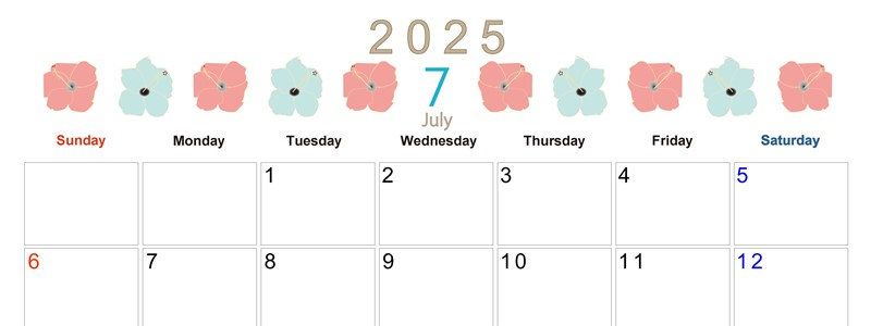 2025年7月横型の日曜始まり 花のイラストがかわいいA4無料カレンダー